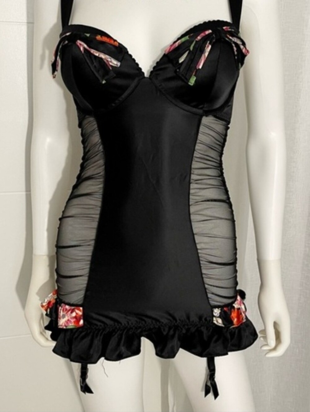 Victoria's Secret Black Floral-Accent Satin Chemise W/ Garter Straps